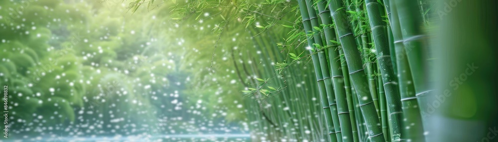 Poster serene bamboo forest with soft sunlight filtering through, creating a tranquil and calming atmospher