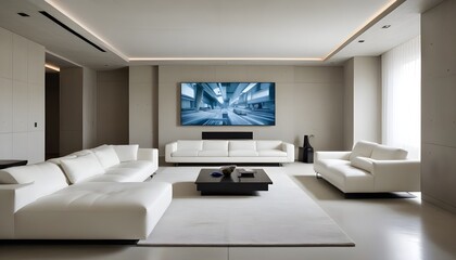 High end modern living room with white leather couch and a large flat screen tv mounted on the wall, brutalist architecture mixed with modern futuristic minimal design