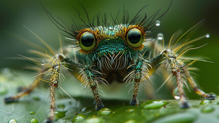 Colorful Insect on Leaf with Water Droplets