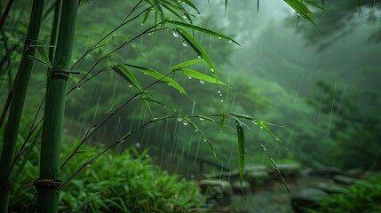 Serene bamboo forest with raindrops on leaves, capturing the tranquility and natural beauty in a misty, green setting.