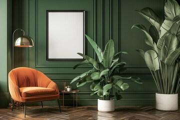 Interior of the living room with green walls, a red armchair, a potted plant and an empty frame for a poster or painting. Mock up. 