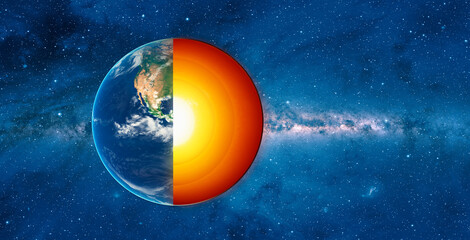 The structure of the earth's crust. Earth cross section in space view. 