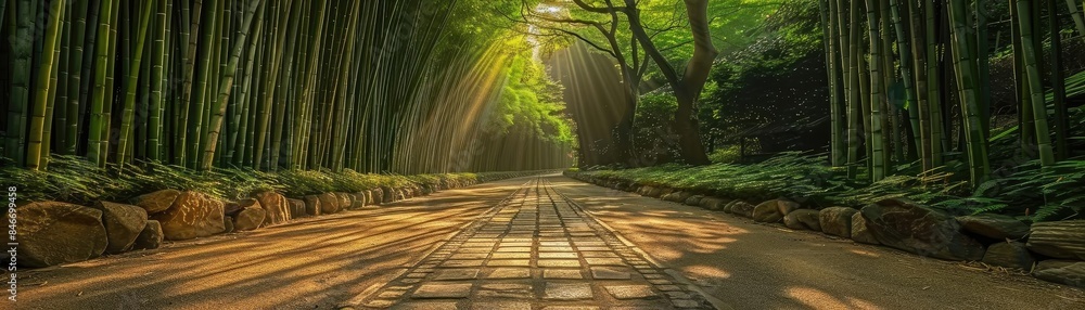 Aufkleber sunlight filtering through a serene bamboo forest, creating a tranquil path illuminated by warm rays