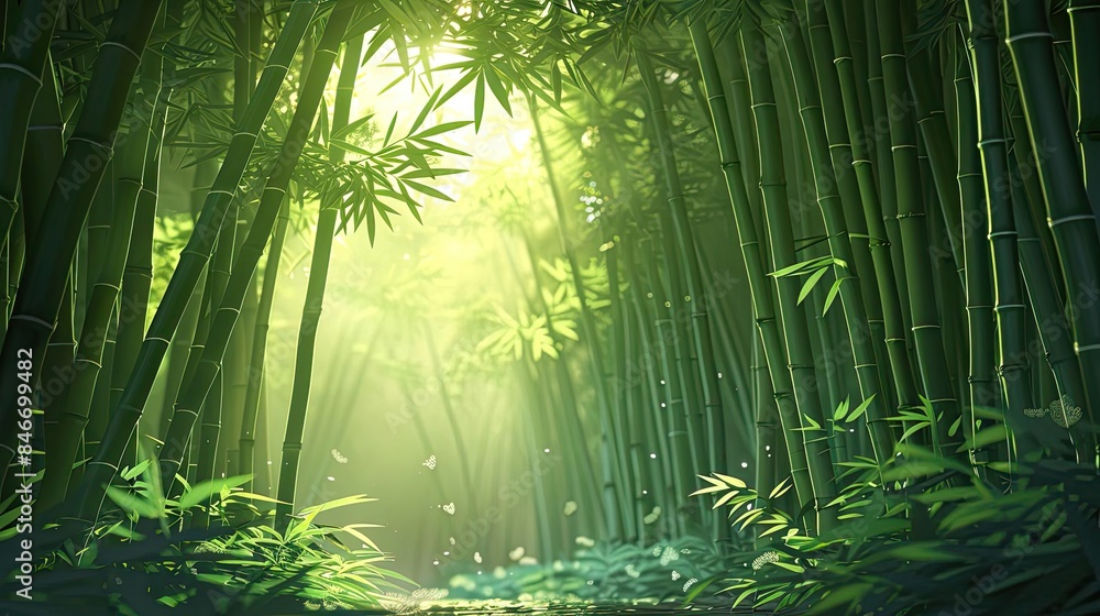 Poster sunlight filtering through dense bamboo forest, creating a tranquil and mystical atmosphere with vib