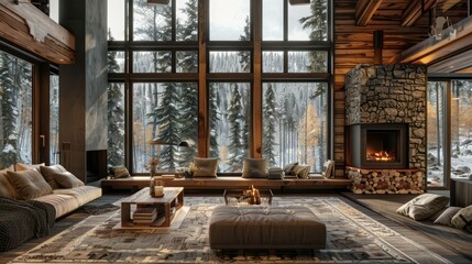 Mountain cabin interior, stone fireplace, plush rugs, large windows with forest view
