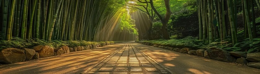 Fototapeta premium Sunlight filtering through a serene bamboo forest, creating a tranquil path illuminated by warm rays in a lush, green environment.