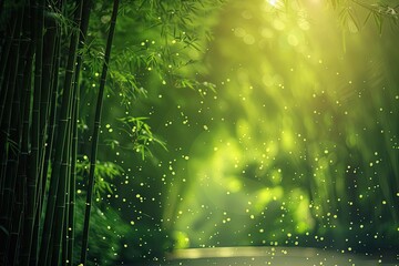 Enchanting green bamboo forest illuminated by gentle sunlight with floating particles creating a magical atmosphere.