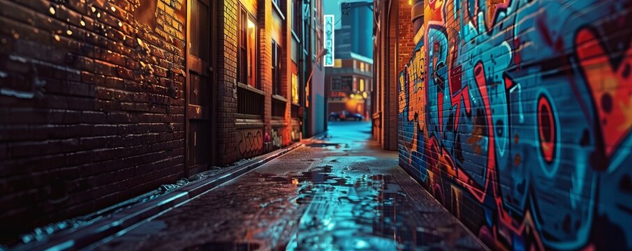 Enigmatic alleyway adorned with vibrant graffiti, 4K hyperrealistic photo