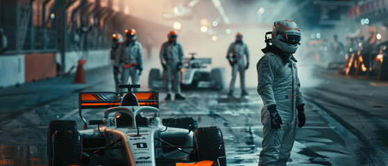 A full body photo of an F2 driver wearing a grey racing suit and helmet standing in front of his...