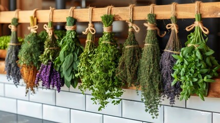 A row of herbs hanging from a wooden shelf