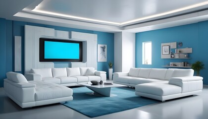 High end modern living room with white leather couch and a large flat screen tv mounted on the wall, brutalist architecture mixed with modern futuristic minimal design
