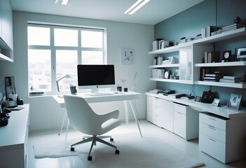 Fototapeta premium minimalist interior design style futuristic home office sleek furniture state of the art technology