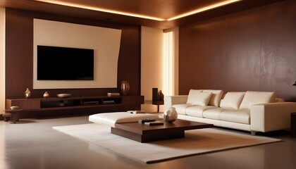 High end modern living room with white leather couch and a large flat screen tv mounted on the wall, brutalist architecture mixed with modern futuristic minimal design