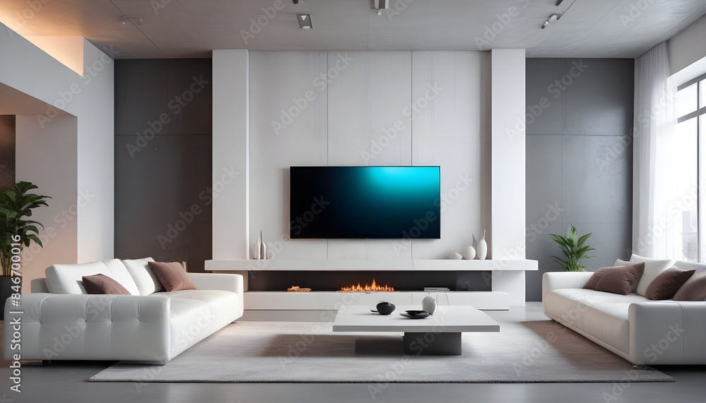 Wall mural high end modern living room with white leather couch and a large flat screen tv mounted on the wall,