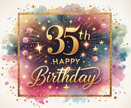 Elegant 35th birthday card: golden text, starbursts, watercolor background