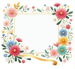 Obraz premium Whimsical floral frame with vibrant blossoms, greenery on white background, ideal for invitations.