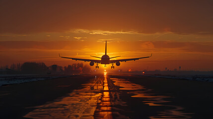 Sunset view of airplane on airport runway under dramatic sky