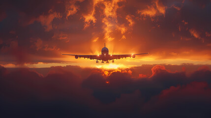 Fototapeta na wymiar Sunset view of airplane on airport runway under dramatic sky