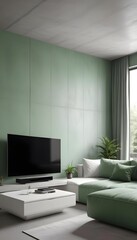 High end modern living room with white leather couch and a large flat screen tv mounted on the wall, brutalist architecture mixed with modern futuristic minimal design