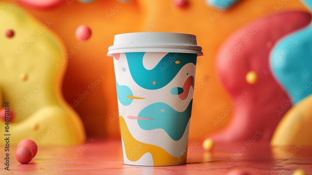 Poster colorful takeaway coffee cup mockup with abstract pattern. dynamic and playful composition. coffeecu