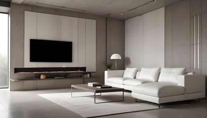 High end modern living room with white leather couch and a large flat screen tv mounted on the wall, brutalist architecture mixed with modern futuristic minimal design