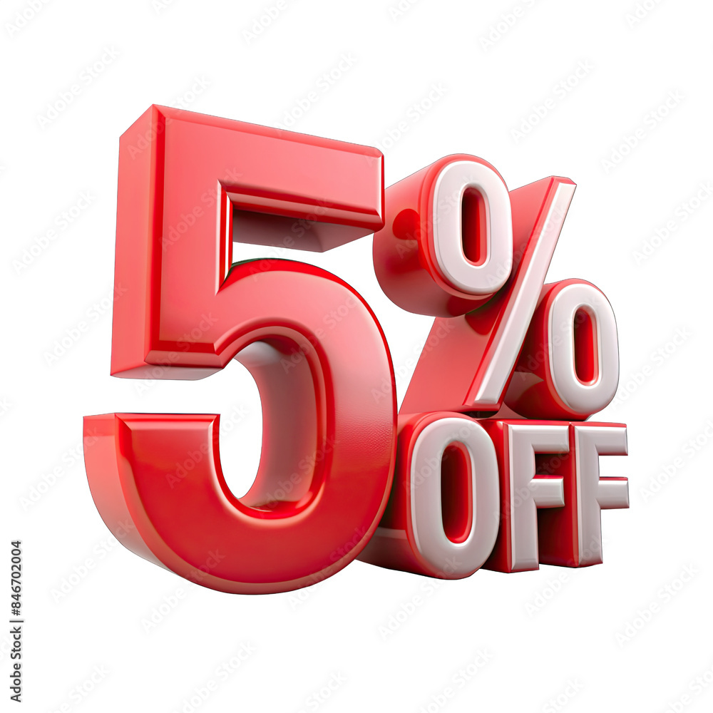 Poster a 3d rendering of the words 5 percent off isolated on a white background. the number five is red wit