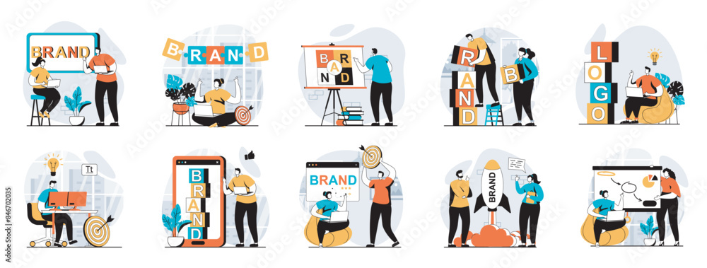 Aufkleber branding team web concept with people scenes mega set in flat design. bundle of character situations