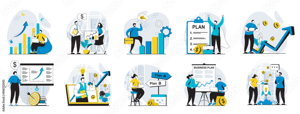 Poster Business making web concept with people scenes mega set in flat design. Bundle of character situations with data marketing research, making plan presentation, strategy creating. Vector illustrations.