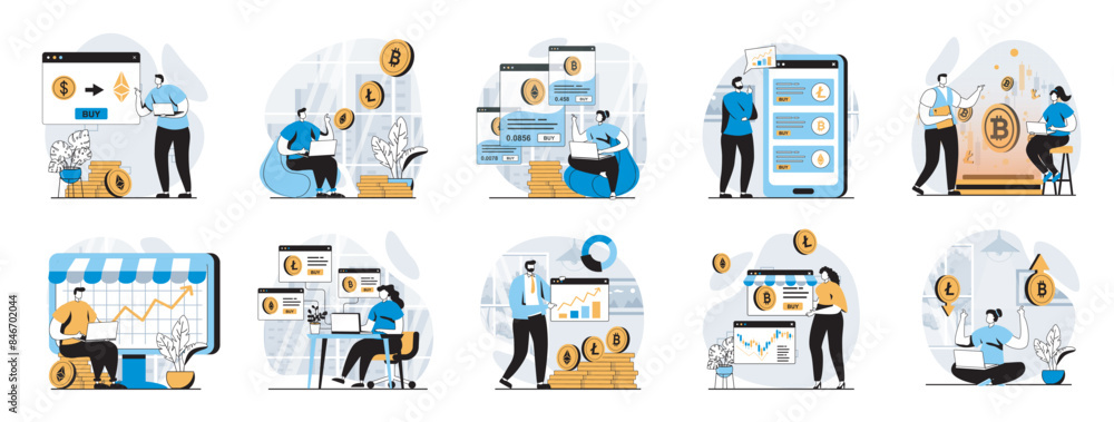 Fototapete cryptocurrency marketplace web concept with people scenes mega set in flat design. bundle of charact