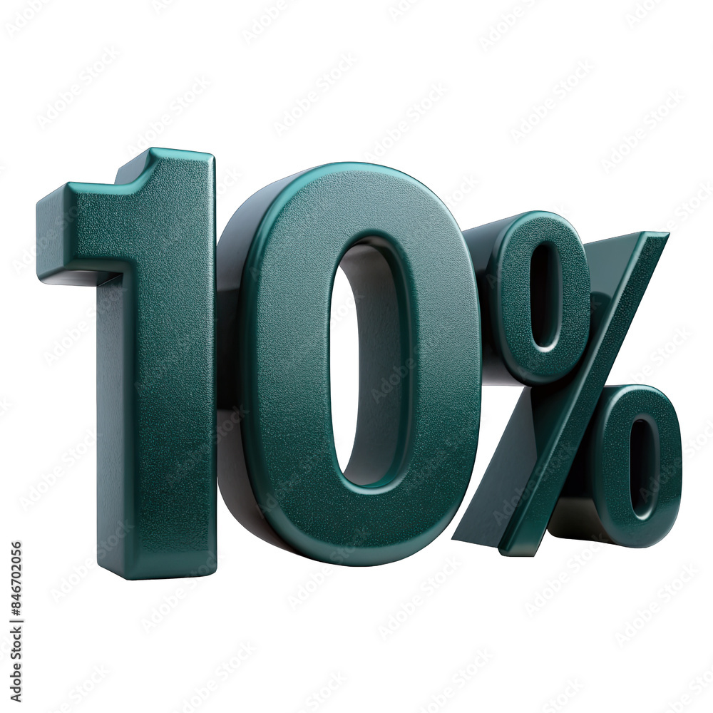 Poster a 3d rendered image of the number 10 and a percent sign, in a deep green color, isolated on a white 