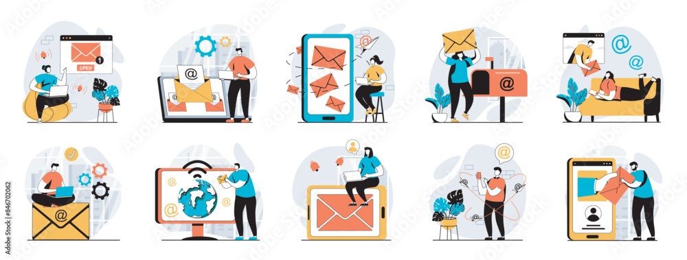 Poster email service web concept with people scenes mega set in flat design. bundle of character situations