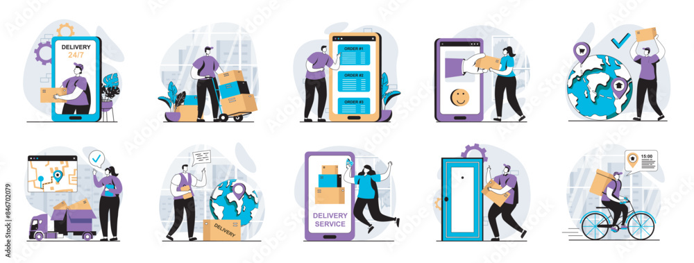 Aufkleber delivery service web concept with people scenes mega set in flat design. bundle of character situati