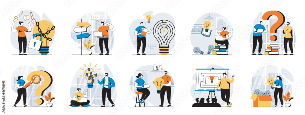 Aufkleber Finding solution web concept with people scenes mega set in flat design. Bundle of character situations with brainstorm, think and creativity for business, generating new ideas. Vector illustrations.