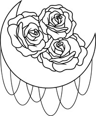 Moon with roses, line minimalistic boho art