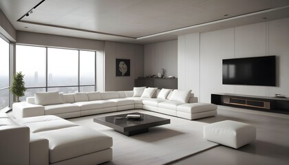 Fototapeta premium High end modern living room with white leather couch and a large flat screen tv mounted on the wall, brutalist architecture mixed with modern futuristic minimal design