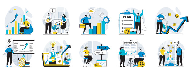 Fototapeta premium Business making web concept with people scenes mega set in flat design. Bundle of character situations with data marketing research, making plan presentation, strategy creating. Vector illustrations.