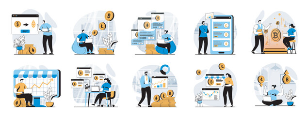 Cryptocurrency marketplace web concept with people scenes mega set in flat design. Bundle of character situations with trading on virtual crypto market and bitcoins investments. Vector illustrations.
