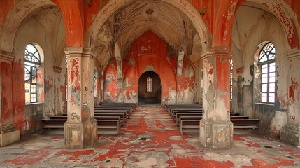 Obraz premium Abandoned church interior with peeling paint and wooden pews