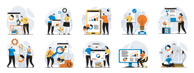 Data science web concept with people scenes mega set in flat design. Bundle of character situations with chart reports research, scientist monitoring and working with databases. Vector illustrations.