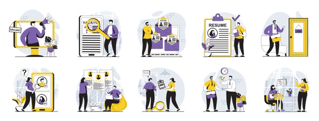Employee hiring process web concept with people scenes mega set in flat design. Bundle of character situations with human resources, staff recruitment, finding candidates online. Vector illustrations.
