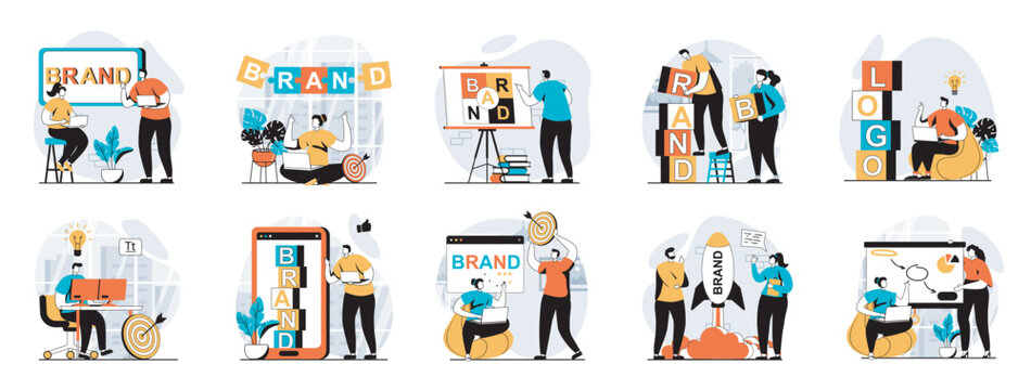Branding team web concept with people scenes mega set in flat design. Bundle of character situations with logo and identity creating, company personality, launch business brand. Vector illustrations.