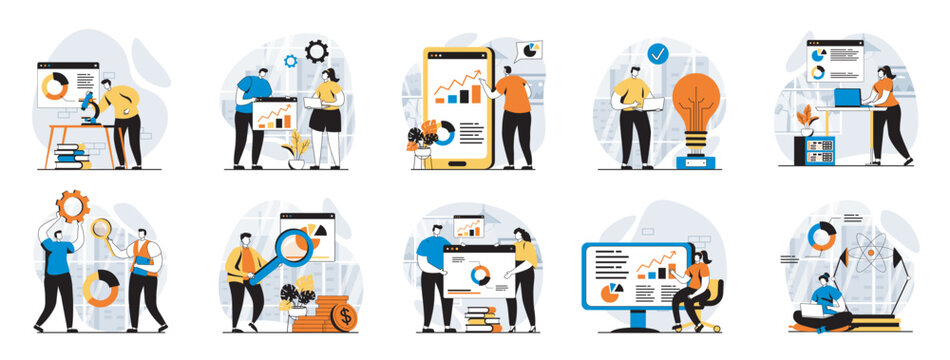 Data science web concept with people scenes mega set in flat design. Bundle of character situations with chart reports research, scientist monitoring and working with databases. Vector illustrations.
