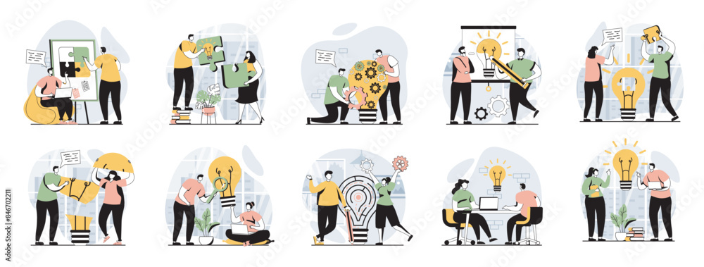 Leinwandbilder Teamwork web concept with people scenes mega set in flat design. Bundle of character situations with brainstorming for developing business, working together, team collaboration. Vector illustrations.
