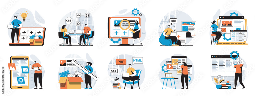 Aufkleber Web development concept with people scenes mega set in flat design. Bundle of character situations with wireframe site layout creation, engineering code and testing scripts. Vector illustrations.