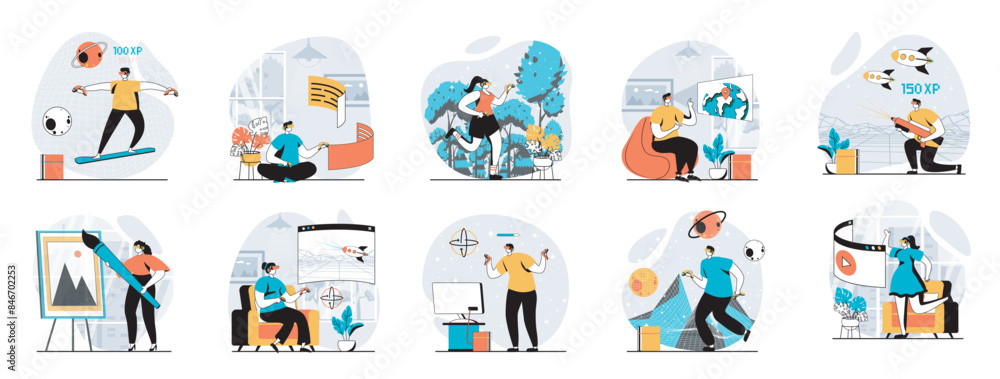 Poster virtual reality web concept with people scenes mega set in flat design. bundle of character situatio