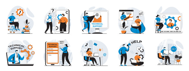 Technical support web concept with people scenes mega set in flat design. Bundle of character situations with online customer service, clients communication, helpdesk assistants. Vector illustrations.