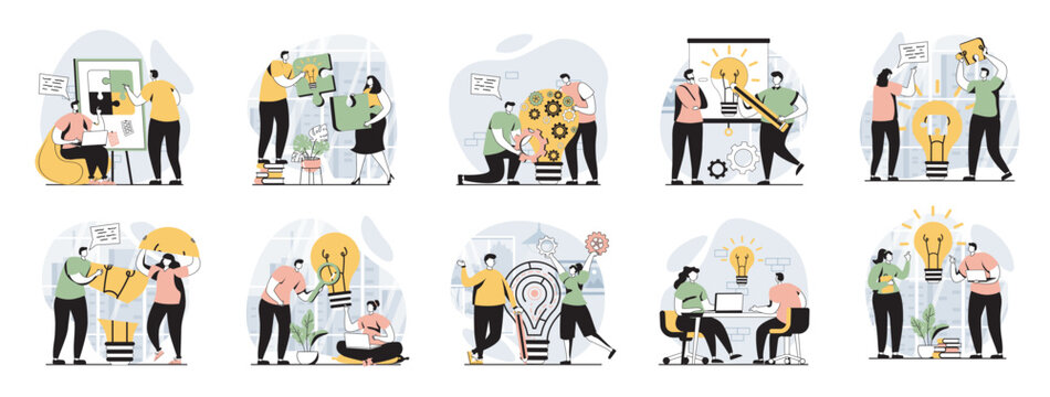 Teamwork web concept with people scenes mega set in flat design. Bundle of character situations with brainstorming for developing business, working together, team collaboration. Vector illustrations.