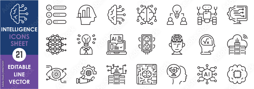 Poster a set of line icons related to intelligence. artificial intelligence, intelligent, brain, technology