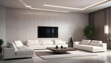 High end modern living room with white leather couch and a large flat screen tv mounted on the wall, brutalist architecture mixed with modern futuristic minimal design