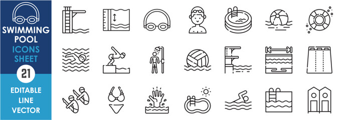 A set of line icons related to swimming pool. Swim, dive, champion, sports, river, pool, bikini, volleyball and so on. Vector outline icons set.
